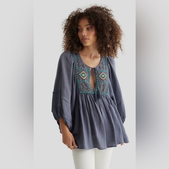 LUCKY BRAND Collectibles Edition Rare Tie Beaded Peasant Grisaille Top Size XL - Picture 1 of 11